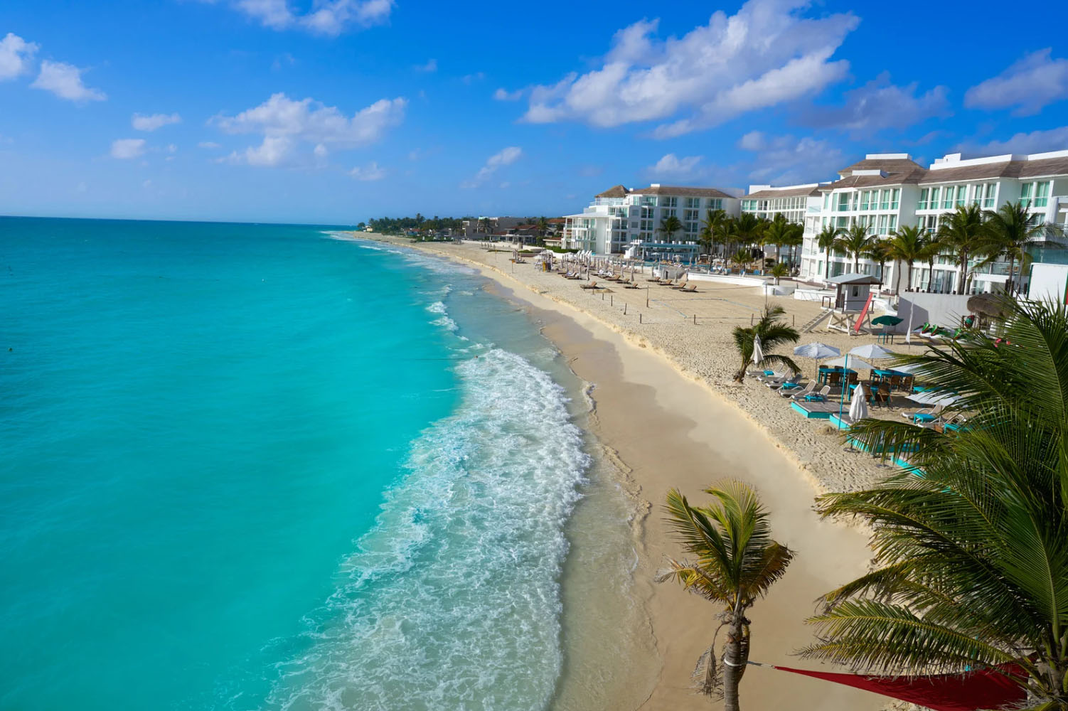 A stunning beachfront view in Playa Del Carmen with turquoise waters, soft sandy shore, and luxury resorts lined with palm trees under a bright blue sky.