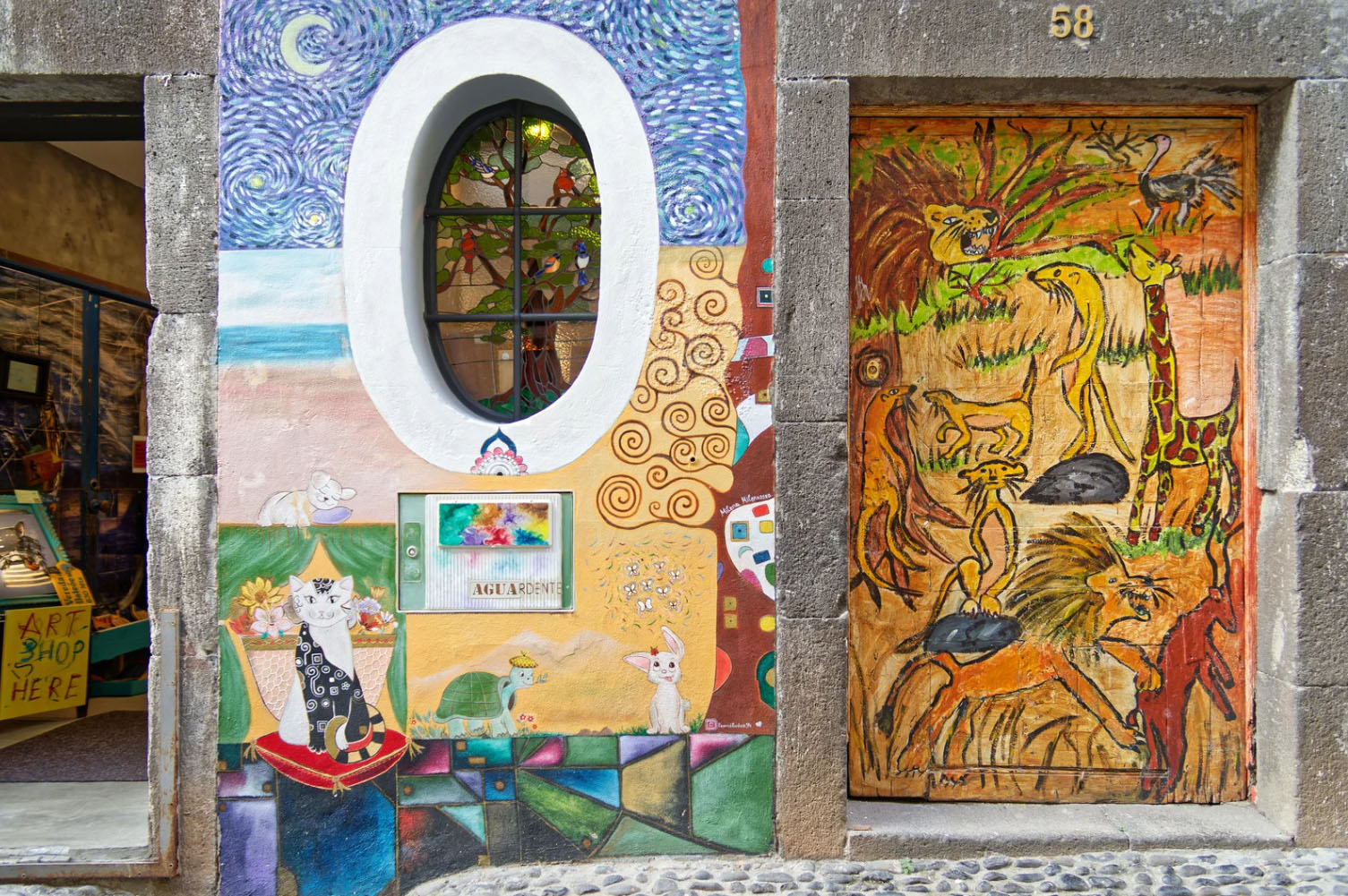 Vibrant street art on a building facade in Puerto Vallarta, featuring a colorful cat mural, a decorated window, and a wooden door painted with jungle animals.