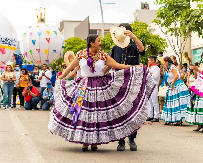 A man and woman performing a traditional Mexican dance in colorful attire during a street festival, with a crowd in the background and festive balloons overhead.