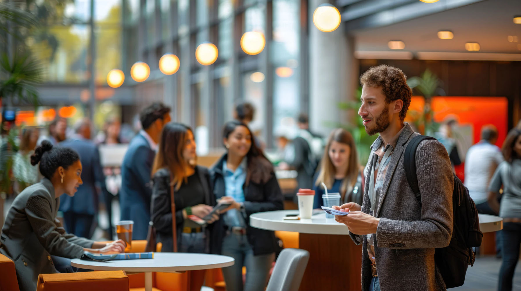 People networking and conversing in a modern indoor event space, with some seated at tables and others standing while holding drinks and notepads.