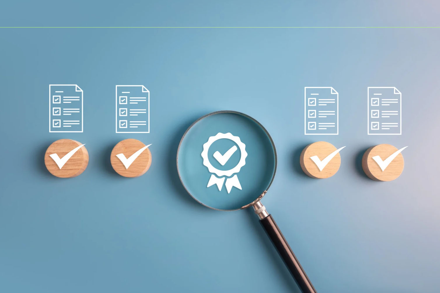 A magnifying glass focuses on a quality seal, surrounded by checklists and wooden checkmark icons, symbolizing a thorough quality control process.