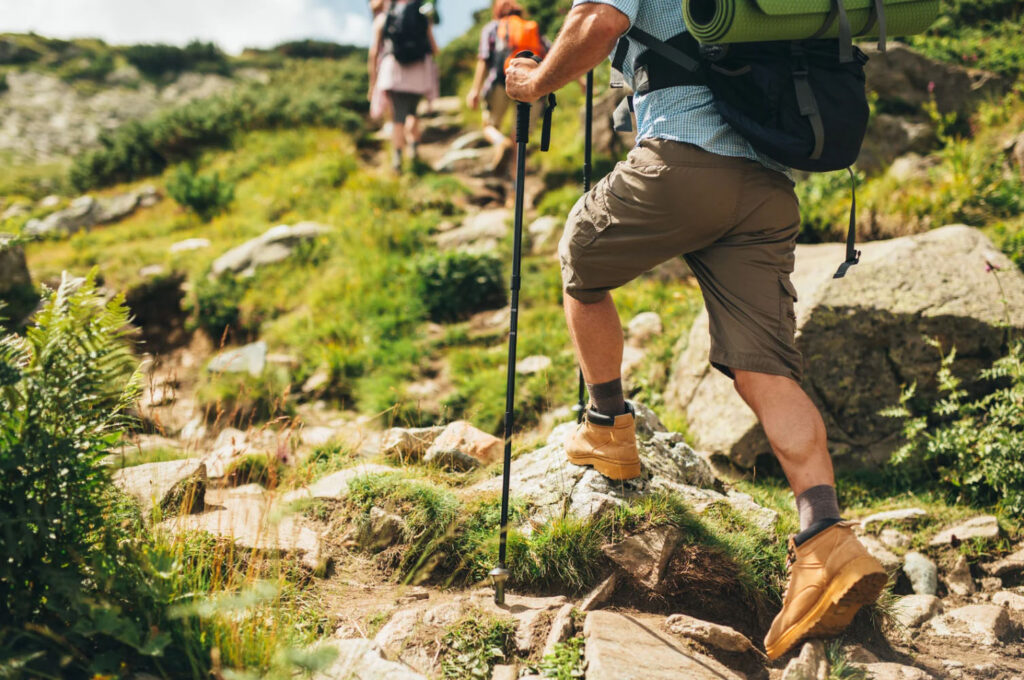 A person hiking up a rocky trail with a walking stick, wearing hiking boots, cargo shorts, and a backpack. The path is surrounded by green vegetation and rocks, with other hikers visible in the background under a bright sky.
