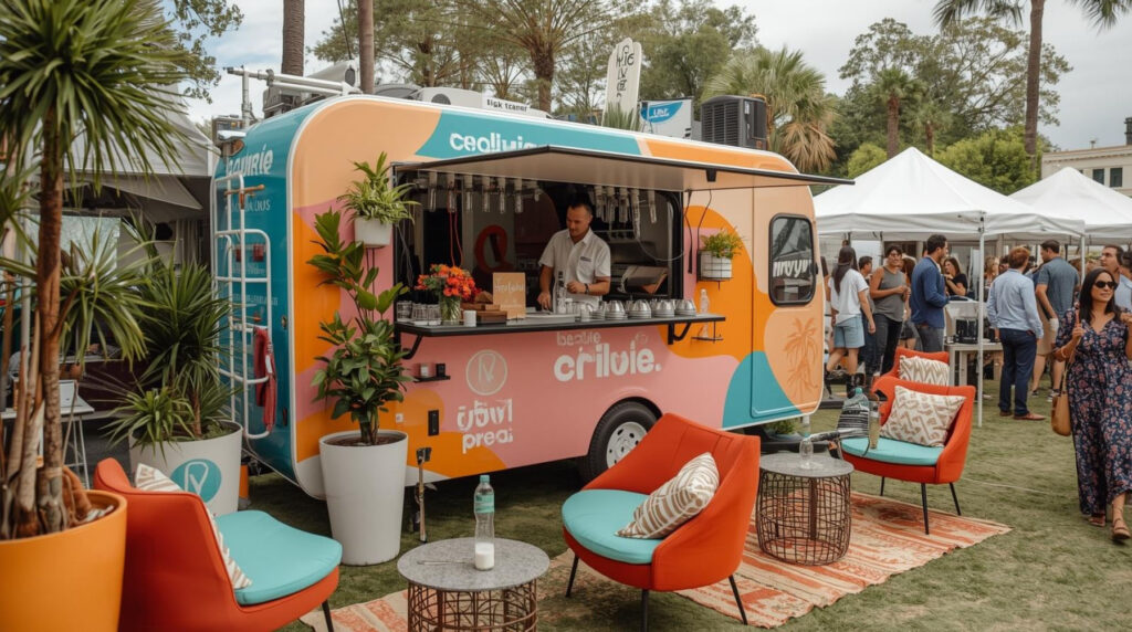 A vibrant mobile IV drip bar on wheels at an outdoor event, with a bartender serving drinks inside the colorful trailer, while guests enjoy the atmosphere in nearby seating areas.