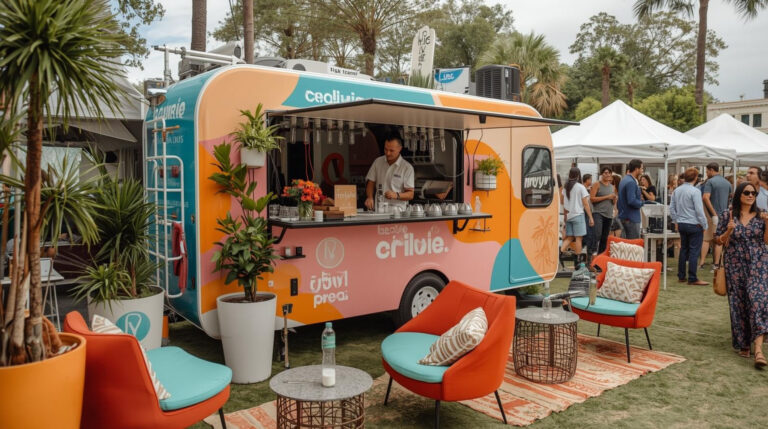 A vibrant mobile IV drip bar on wheels at an outdoor event, with a bartender serving drinks inside the colorful trailer, while guests enjoy the atmosphere in nearby seating areas.